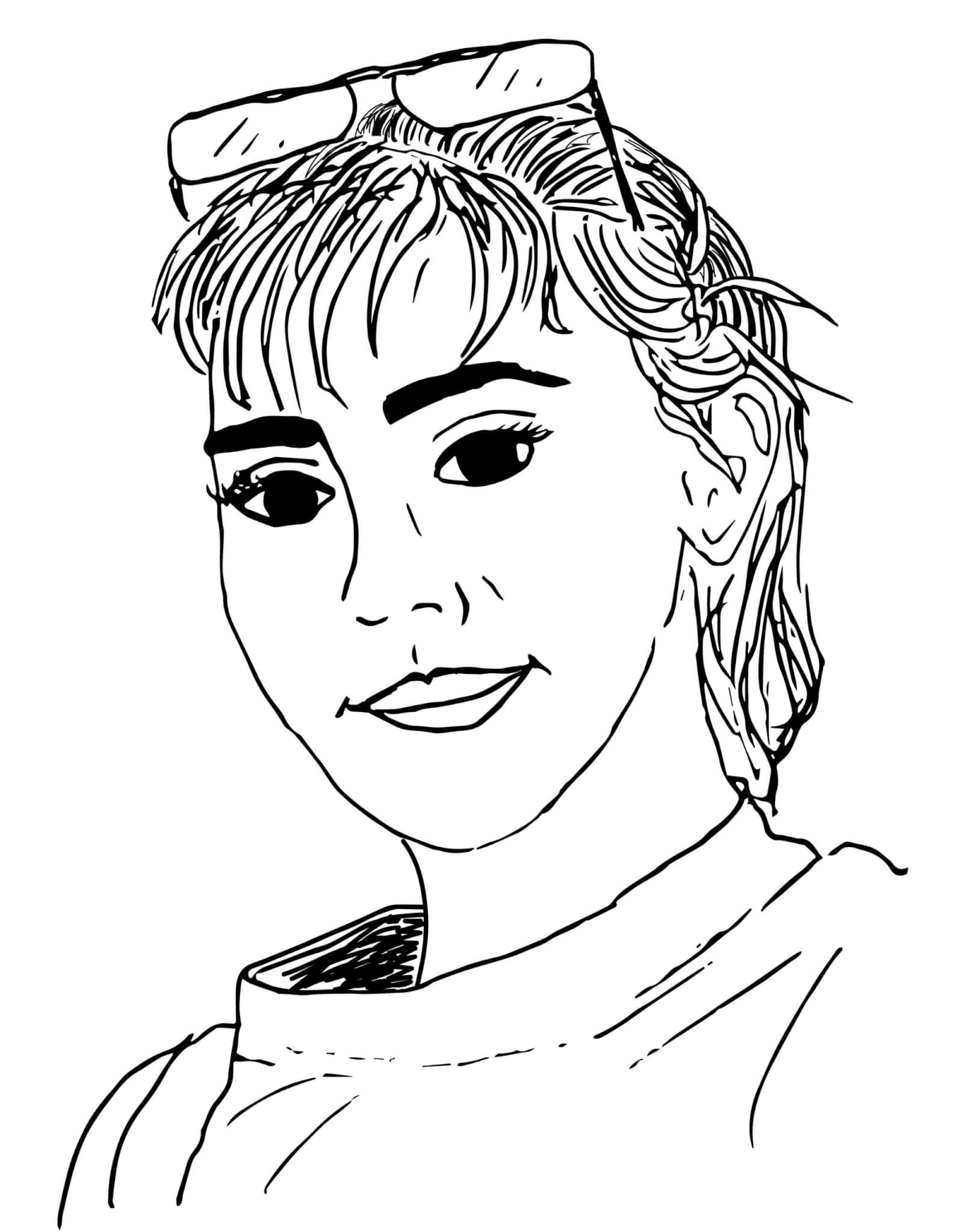 A black and white drawing of Gina Lindner slightly looking down at the viewer. Her hair is clipped behind her head and eyeglasses rest atop her forehead.